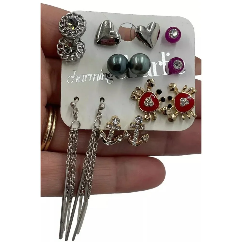 Set Of 9 Charming Charlie Mixed Metal Stud & Dangle Earrings With Crab Anchor & - Picture 1 of 7